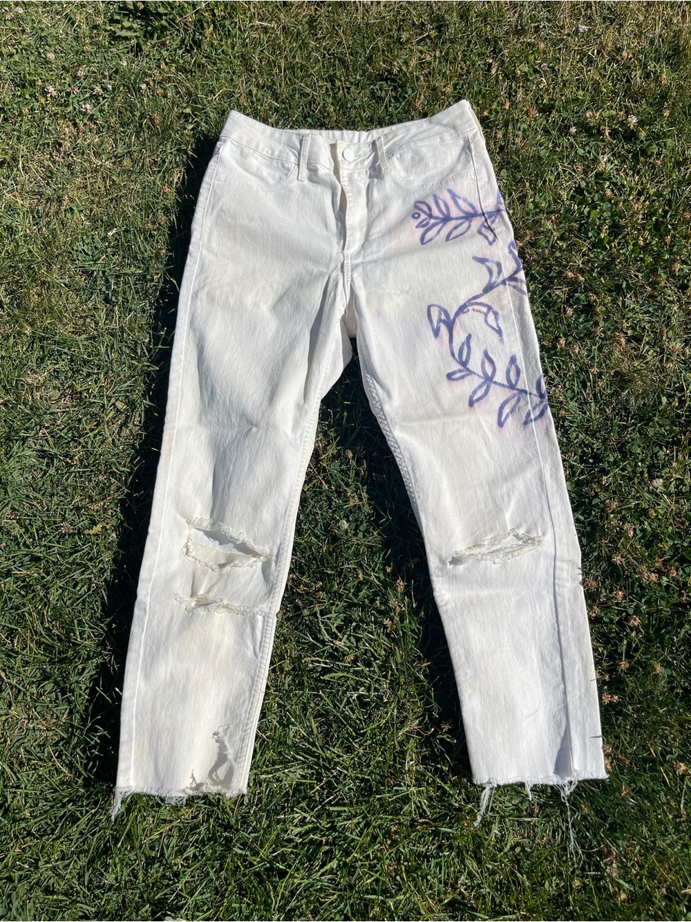 H&M White Straight-Leg Jeans with Purple Floral Accent Custom Art Paint